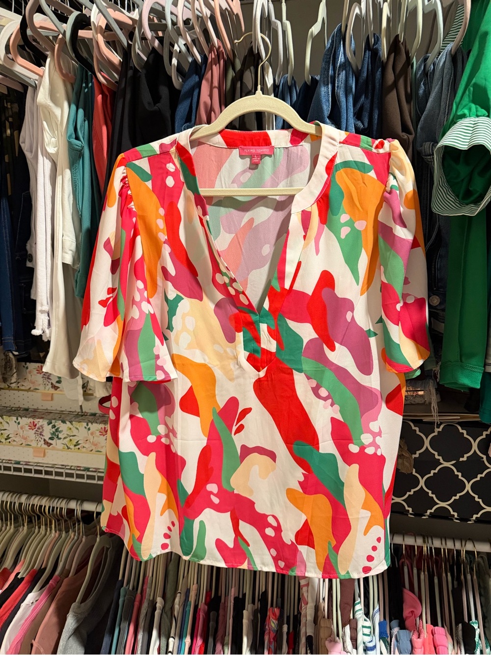 Flying Tomato Colorful Abstract V-Neck Blouse